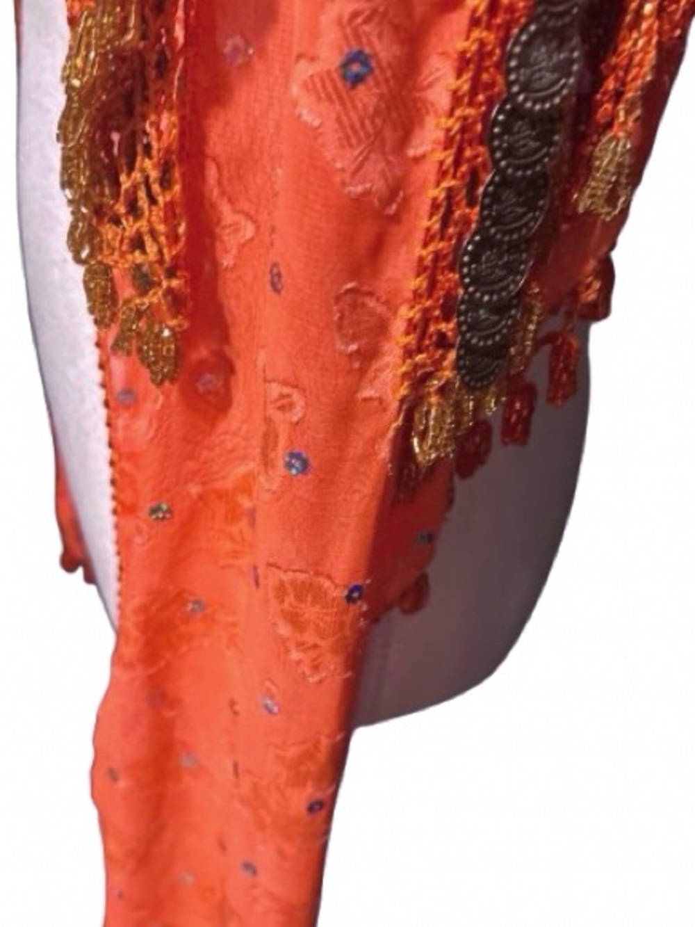 Vintage Belly Dancing Scarf Beaded Coins Floral Orange Red Fringe Shawl - Picture 8 of 12
